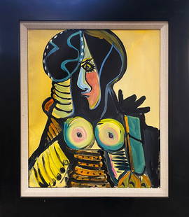 Oil on canvas in the style of Pablo Picasso: Oil on canvas in the style of Pablo Picasso on canvas. Approx 30x24 inches Custom framed and includes documentation “In the style of works are works by an unknown creator whose style is strongly