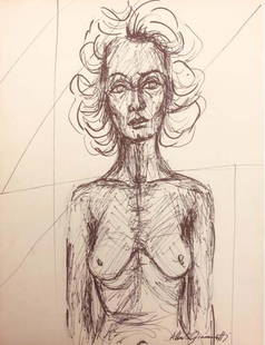 Artist: Alberto Giacometti Technique: Ink drawing on paper. Title: Female figure, naked torso.: Artist: Alberto Giacometti.Technique: Ink drawing on paper.Title: Female figure, naked torso.Signed: Lower right corner "Albert Giacometti"