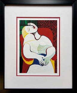 Pablo Picasso The Dream on paper Limited Edition  Collection Domaine Picasso: Pablo Picasso Limited edition Lithograph Custom framed. Estate signed. From the Collection Domaine Picasso. Includes certificate of authenticity. Approx. image size 22x16 inches size