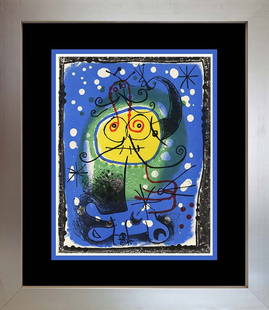 Joan Miro Lithograph after Miro from 1968: Joan Miro Color Plate Lithograph Joan Miro Printed in 1968 by Mourlot Press. Custom framed Includes certificate of authenticity. Approx 24x20 inches.