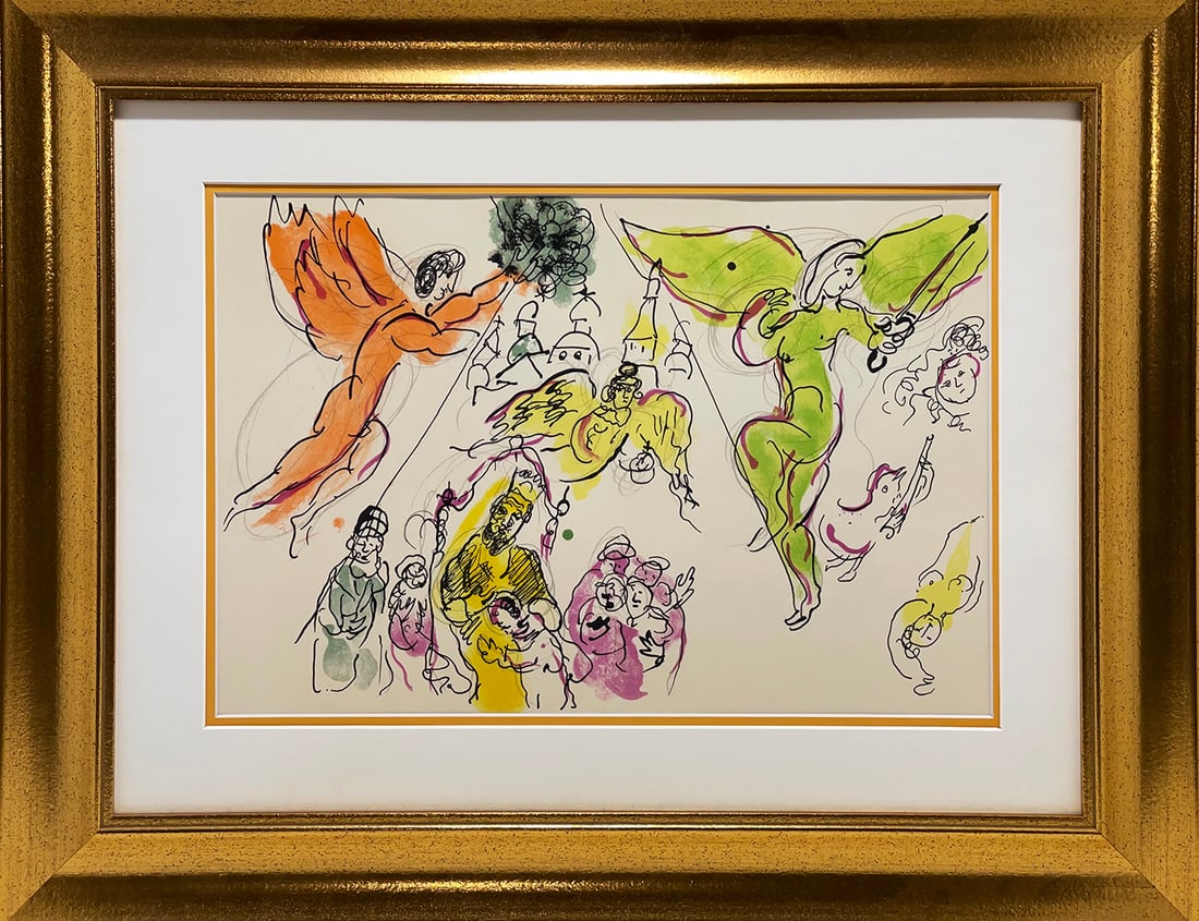 Marc Chagall Hand signed Lithograph from 1974: Marc Chagall 1974 Lithograph Hand signed by the artist. Approx 26x20 inches Includes certificate Custom framed