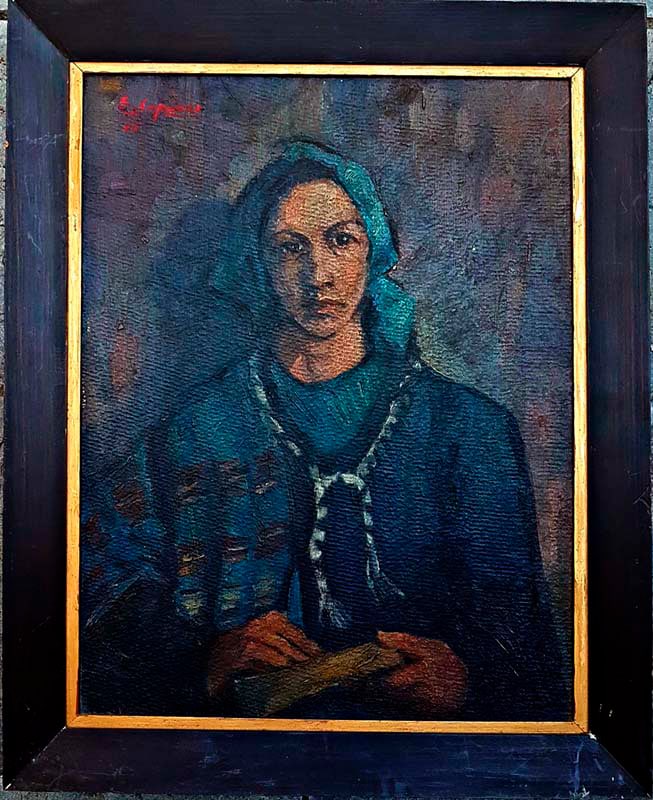 Old European oil painting female portrait, illegible signature (1 of 1)