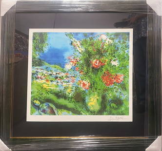 Marc Chagall Limited Edition Lithograph: by Marc Chagall. Limited edition lithograph on archival watercolor paper. The signature is in the plate. Certificate of Authenticity is included. Approx. 25x30". Custom framed.