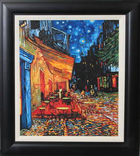 Vincent Van Gogh Terrace Cafe Hand embellished on canvas: Vincent Van Gogh Terrace Cafe Hand embellished on canvas After Vincent Van Gogh Terrace Cafe. Approx 26x34 inches. Limited Edition hand embellished acrylic on canvas. The signature is in the plate. In