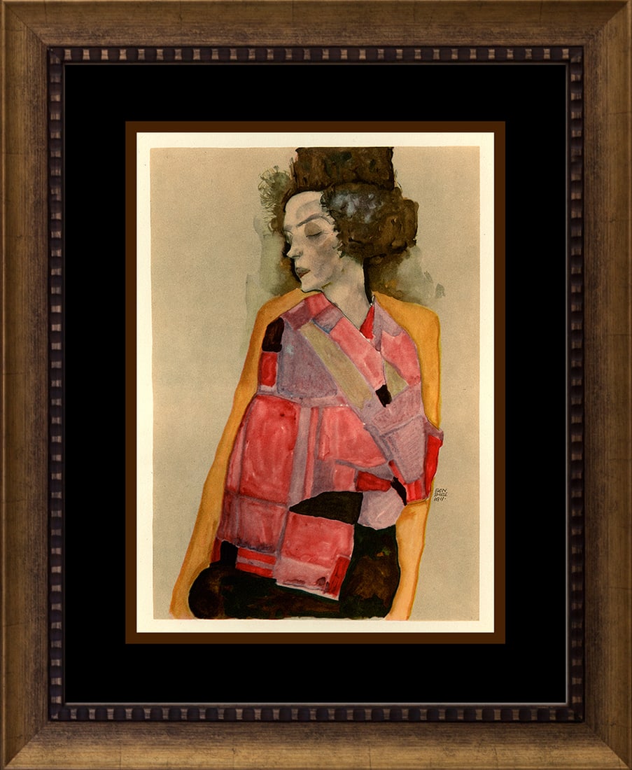 Egon Schiele fine art print after Schiele: Egon Schiele lithograph in colors over 60 years ago. Approx 20x22 inches. Includes certificate of authenticity. Custom framed.