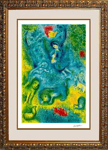 Marc Chagall Limited Edition Lithograph Magic Flute after Chagall: Magic Flute Marc Chagall after. Limited Edition lithograph after Marc Chagall. The signature is in the plate. Includes certificate of authenticity. Approx. 24 x 36.Custom framed.