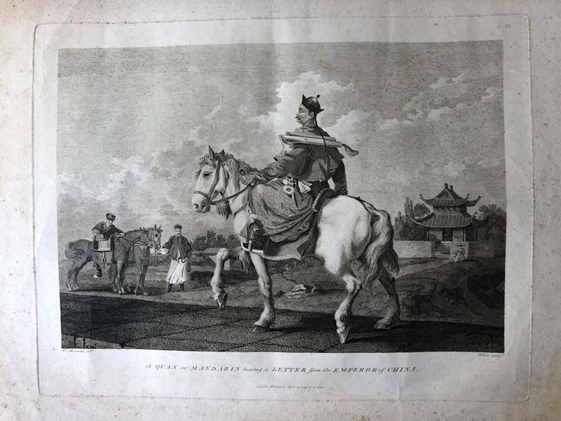 William Wilson after William Alexander Luxur: Object: A Quan or Mandarin bearing a Letter from the Emperor of China.DescriptionA chinese man on horseback, with a letter on a scroll strapped to his shoulders, proceeding along a flagged road from r