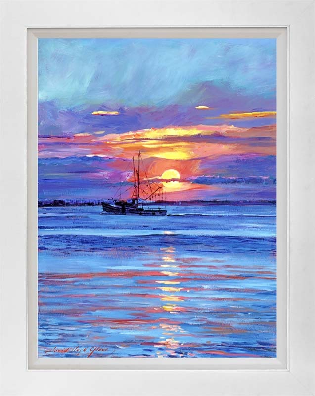 Mixed media Original on canvas by David Lloyd Glover: Salmon Troller at Sunrise Mixed media Original on canvas by David Lloyd Glover Hand signed by the artist. On canvas image size Approx image size 18x24 inches Custom framed and includes certificate Thi