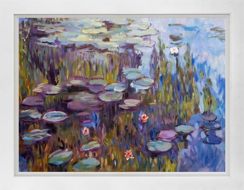 Giverny Nympheas Blue Mixed Media Original David Lloyd Glover: Mixed media on canvas by David Lloyd Glover Hand signed by the artist. On canvas image size Approx image size 18x24 inches Custom framed and includes certificate