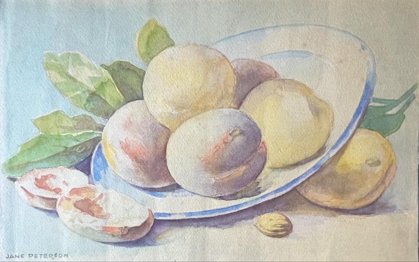 Artist: Jane Peterson (1876-1965) American Still life (Fruits) Technique: watercolor on paper: Artist: Jane Peterson (1876-1965) AmericanTitle: Still life (Fruits)Technique: watercolor on paperMeasurements: 18 x 28 cmSigned: bottom left corner (Jane Peterson)Provenance: Private collection