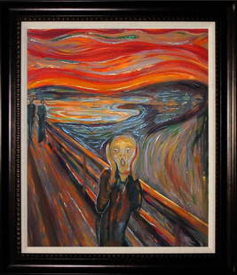 After Edvard Munch Limited Hand Embellished oil and ink on canvas The Scream: The Scream After Edvard Munch Limited edition ink on canvas. The signature is in the plate. approx 20x30. Custom framed. Includes certificate of authenticity.