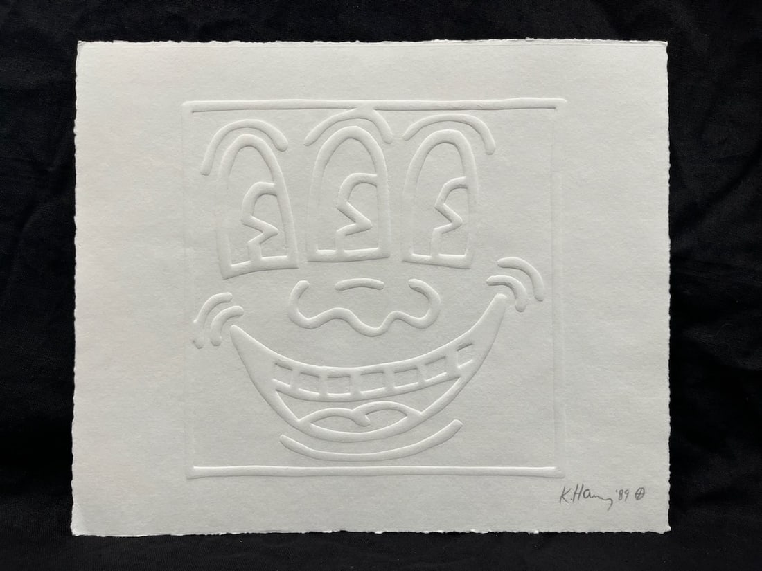 Keith Haring engraving on paper Three Eyed Smiling Face Hand signed by Keith Haring1989 (1 of 1)
