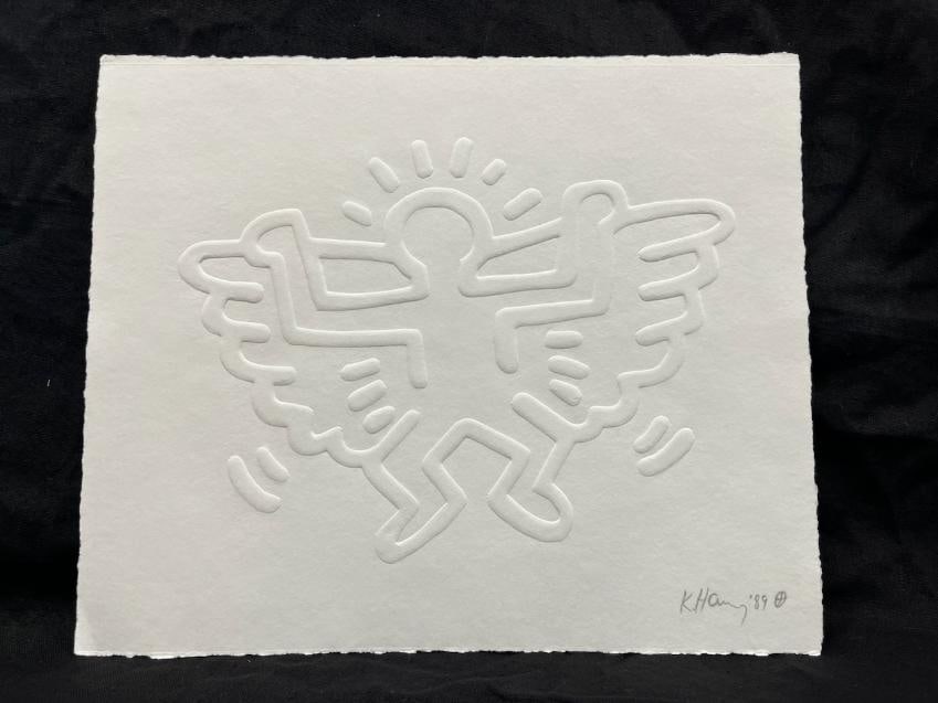 Keith Haring Angel engraving on paper Hand signed by Keith Haring in pencil and dated 1989 embossed (1 of 1)