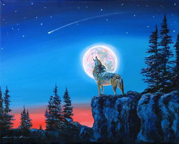 Winter Moon with wolf Original mixed media on canvas by David Lloyd Glover