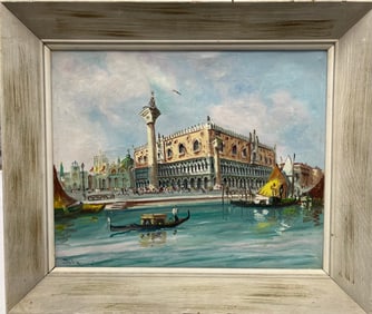 Venezia e i Soui Palazzi. Venice Canal with Gondola. Original Oil Painting on Canvas. Hand Signed.