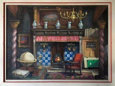 Old Original Painting Louis Reckelbus - Room of my Old House Bruges, Gouache