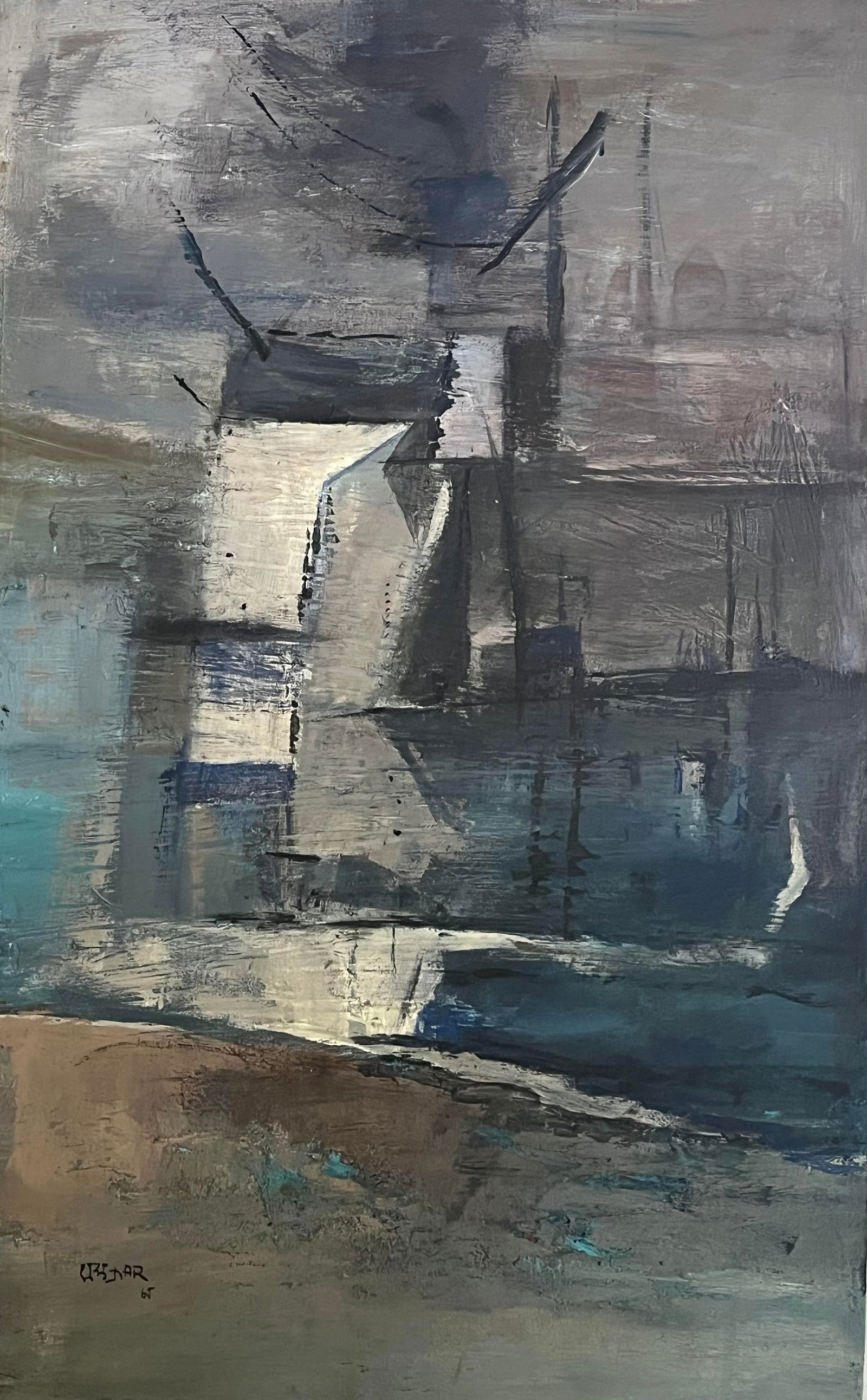 Ram Kumar oil on wood 1960: Ram Kumar oil on wood 1960. (Born: September 23, 1924, Shimla, India Died: April 14, 2018, Delhi, India) Technique: Oil on wood Title: Port Dated: Circa 1960 Measurements: 78 x 48 cm Signed: Bottom le