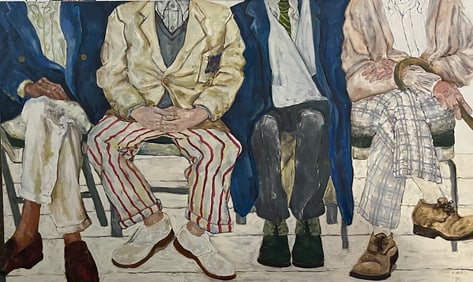 Ann Yost. Four Men. Original Oil Painting on Canvas. 2001. 36 x 60 inches.