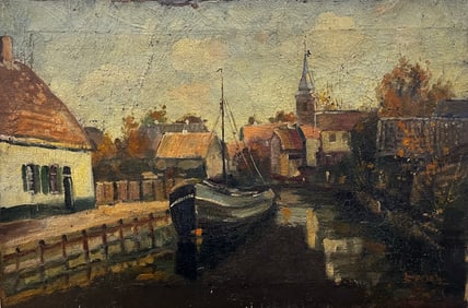 Antique European Canal. 24x16  inches. Oil on Canvas.