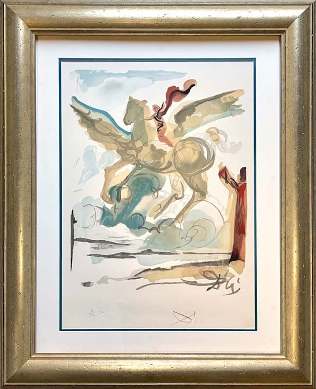 Salvador Dali Limited Edition Un Genereux Coursier from The Art of Loving Ovide. 1979. Lithograph: Salvador Dali Un Genereux Coursier from The Art of Loving Ovide 1979. Lithograph in Colors. Hand signed and numbered. Limited Edition. Fingerprint on verso for authenticity. Approx 30x24 custom framed