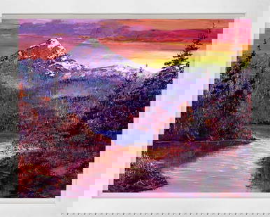 Rocky Mountain Sunset Mixed Media Original canvas David Lloyd Glover: Rocky Mountain Sunset Mixed media on canvas by David Lloyd Glover One of a kind. Hand signed by the artist. On canvas Approx image size 18x24 inches Custom framed and includes certificate This