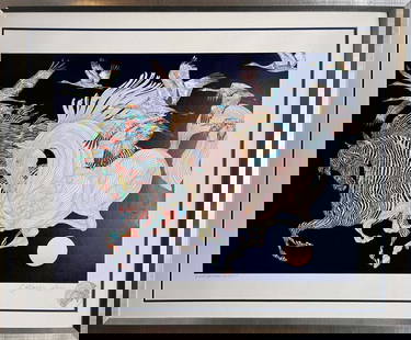 Guillaume Azoulay Limited Edition on paper Colored Etching with hand applied leaf: Guillaum Azoulay Limited Edition colored gold leaf etching Hand signed and numbered 15 total in the edition Approx 39x27 image size inches. Includes certificate and is custom framed.