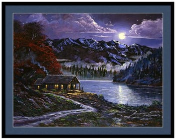 Moonlight Cabin Original mixed media on canvas by David Lloyd Glover
