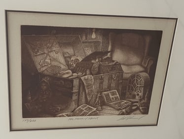 Scott Fitzgerald Vintage Original Etching. The Family Trunk. 19.5 x 16.5 inches.