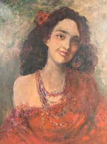 Leopoldo Romanach oil on canvas 73x60 cm Girl in the Red Dress dated 1878 p