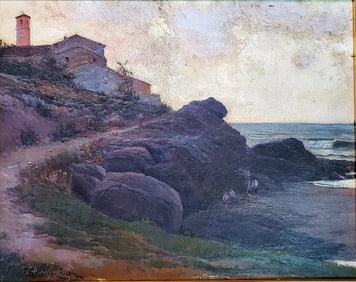 Oil on canvas Old impressionist painting by Francisco Gutierrez Rivera. Coast landscape