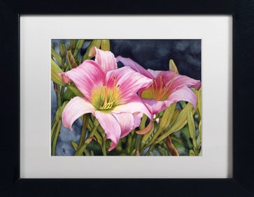 Framed Donna Lesley #24 Night and Daylilies. Limited Edition ink on paper hand signed by the estate
