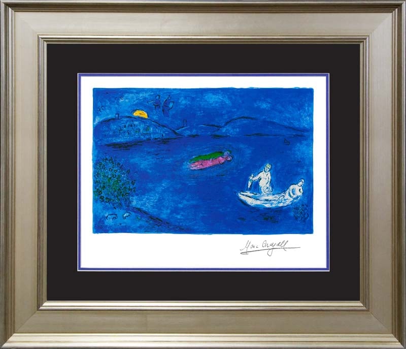 Marc Chagall Echo Marc Chagall Limited Edition: by Marc Chagall. Limited edition lithograph on archival watercolor paper. The signature is in the plate. Certificate of Authenticity is included. Approx. 25x30 in. Custom framed.