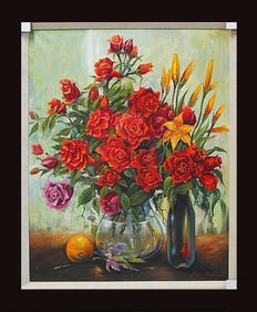 Arina original Mixed media Roses with Orange and Bottle