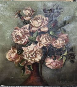 Antique Original Oil on Canvas. Still Life. 16 1/2 x 15 1/4 inches.