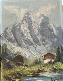 Vintage Original Oil Painting on Canvas. Swiss Alps Scene. 16 x 12 inches.