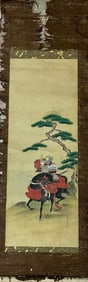 Important hand painted Japanese antique scroll pendant Signed lower right corner Samurai on