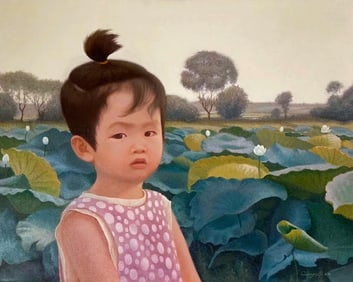 Original Oil on canvas by Cunyu Wang Girl by the Lotus Pond 30x24 inches image size