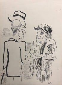 George Grosz. Technique: Ink drawing, watercolor on paper. Title: Knight Giving Coin to Beggar.