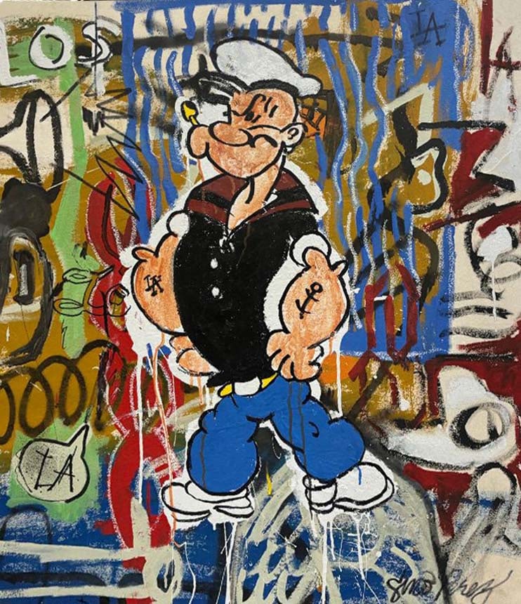 Original on board by Gino Perez Popeye from the Streets LA Noho.: Original on board by Gino Perez Popeye. Hand signed by the artist One of a kind original. Approx 38x30 inches. Custom framed. Includes Certificate of Authenticity.