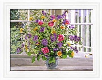 Windowsill Bouquet Original mixed media on canvas by David Lloyd Glover