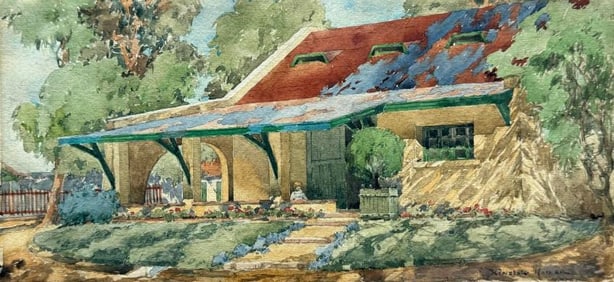 House with child at the entrance, wooded garden. Winslow Homer (1836-1910)   Watercolor on paper.