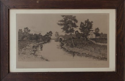 Original Hand Colored Dry Point Aquatint Etching circa 1920 Hand signed landscape