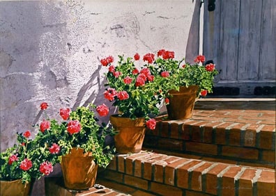 Stairway of Geraniums Original Mixed Media on canvas David Lloyd Glover