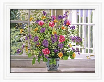 Windowsill Bouquet Original mixed media on canvas by David Lloyd Glover