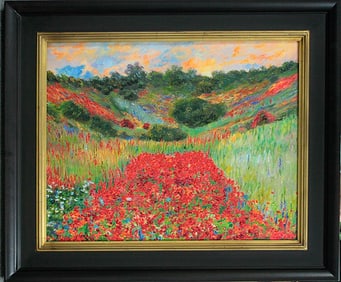 Claude Monet Poppy field at Giverny - Hand embellished on canvas landscape.