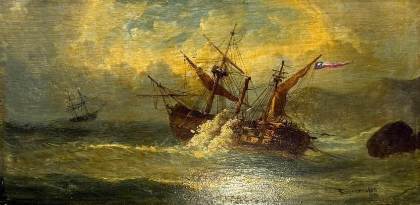 Ships Somerscales 88 Technique: Oil on wood Period: 19th century: Ships Somerscales 88Technique: Oil on woodPeriod: 19th century Dimensions: 35 x 17 cmSigned: Lower right Somerscales 88 Private collection.