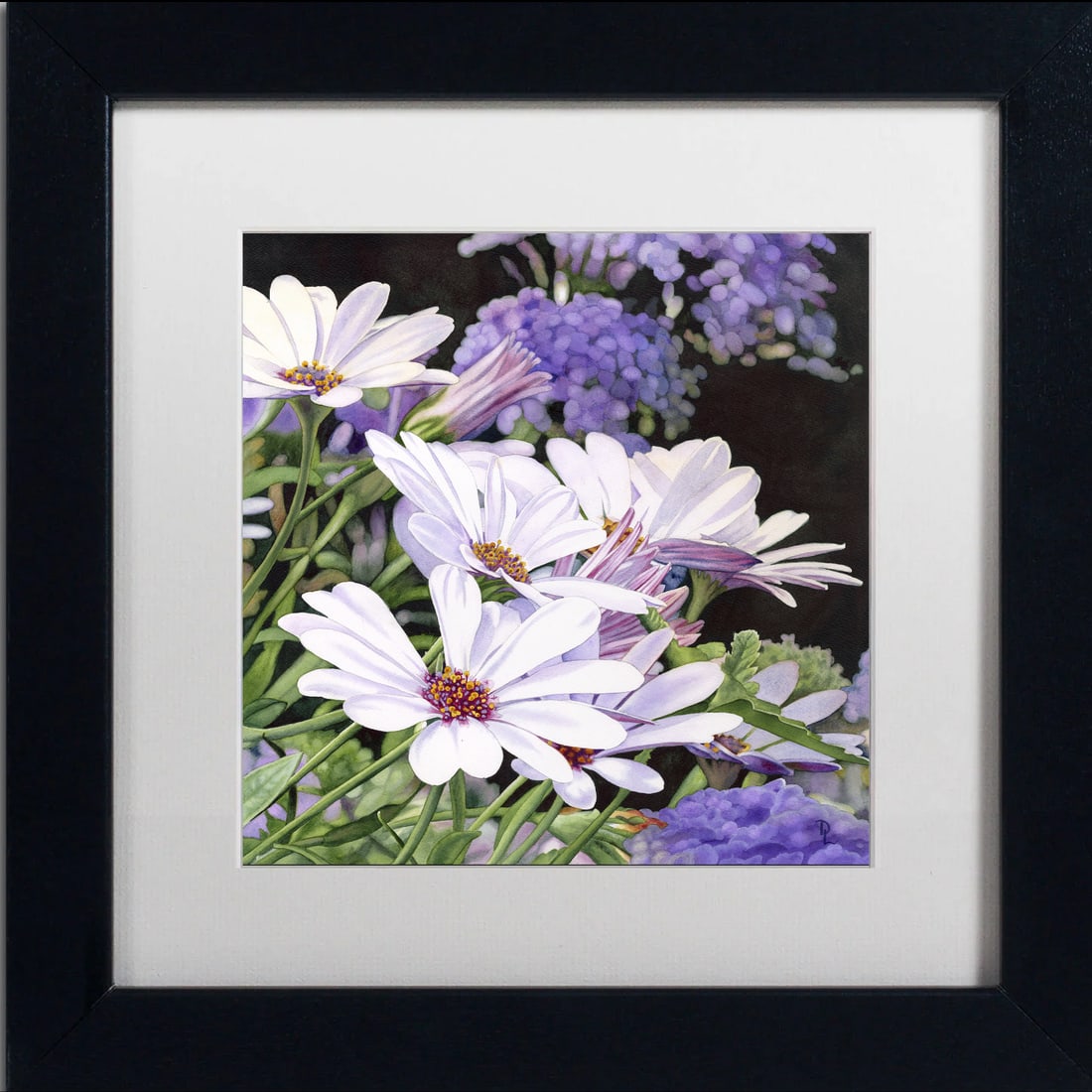 Donna Lesley #34 White Daises with Purple Limited Edition ink on paper hand signed by the estate.: Donna Lesley Limited Edition on paper hand signed by the estate. Approx 30x20 inches. Hand signed by the Estate and numbered. Includes Certificate of Authenticity.