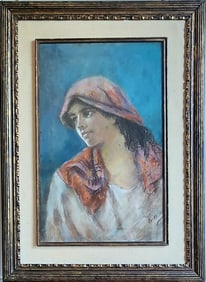 OLD EUROPEAN PASTEL on BOARD PORTRAIT OF WOMAN ILLEGIBLE SIGNATURE.