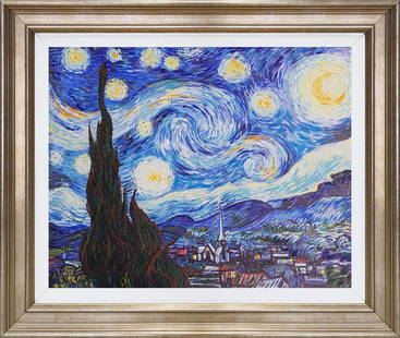 Vincent Van Gogh Starry Night Hand embellished on canvas after Van Gogh: Vincent Van Gogh Starry Night Hand embellished on canvas after Van Gogh Hand embellished on canvas after Vincent Van Gogh the signature is in the plate. Limited Edition of 100. Approx 28x24 inches.