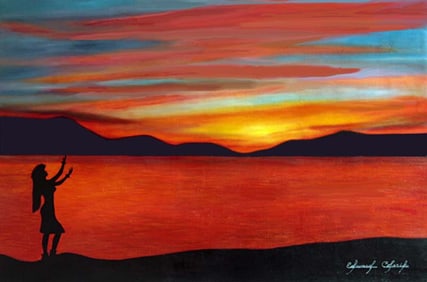 Original oil by Eddie Colaric on canvas Red Sunset Dancer